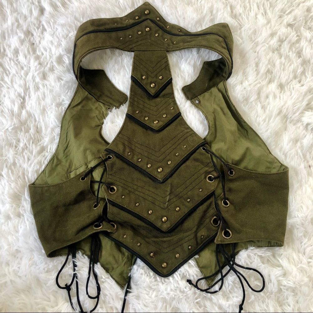 Creatura Festival Vest - high collar green studded short vest - Picture 6 of 15